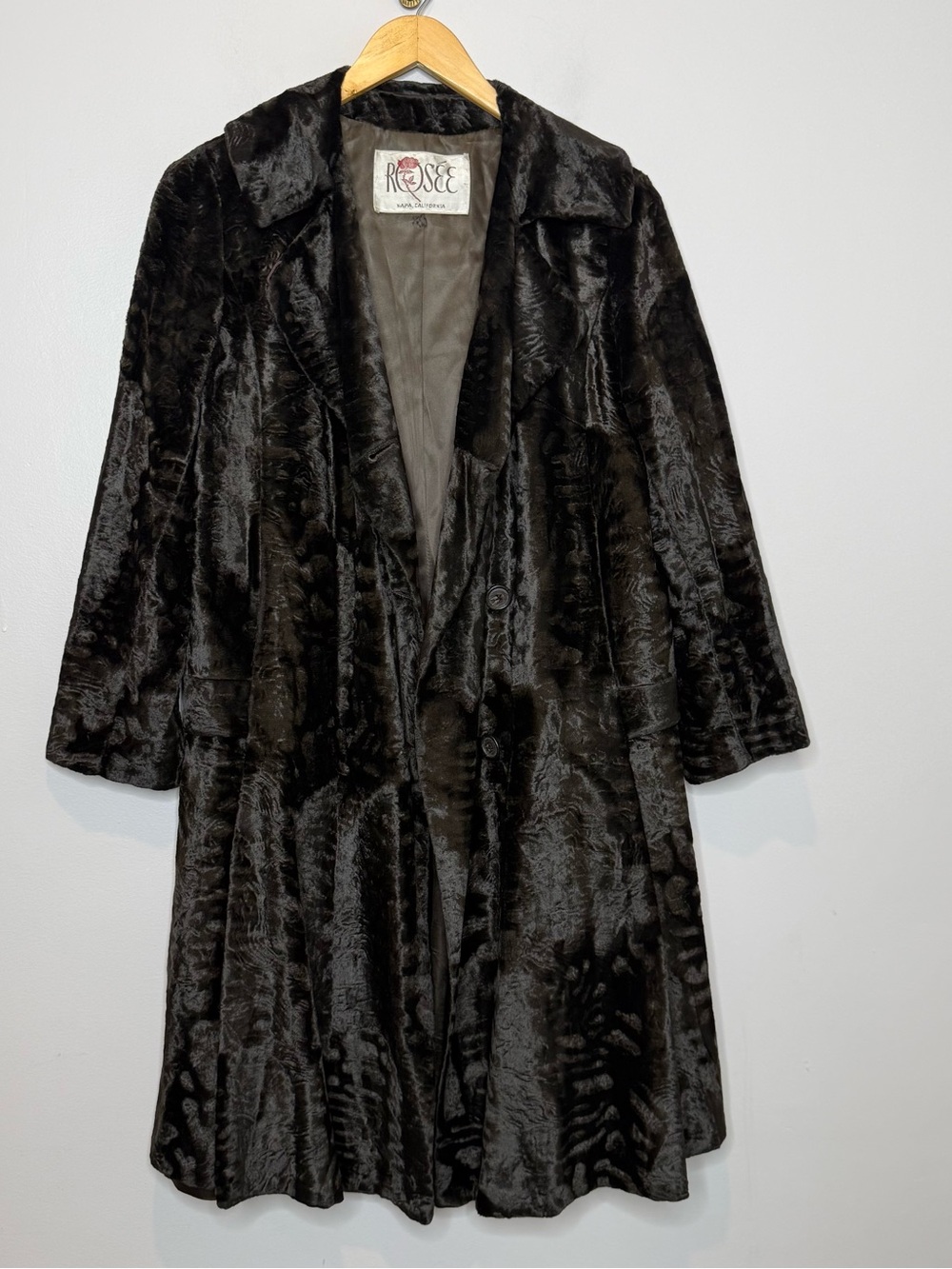 Vintage Mid Century Borella Crushed Velvet Swing Coat Brown Fur